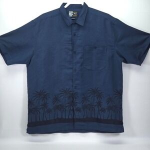 O'Neill Button Up Hawaiian Shirt Men Large Dark Blue Silhouette Beach Palm Surf
